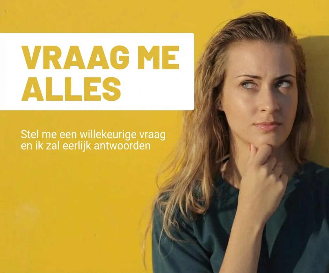 vrouw die goed nadenkt naast de zin: Vraag me alles