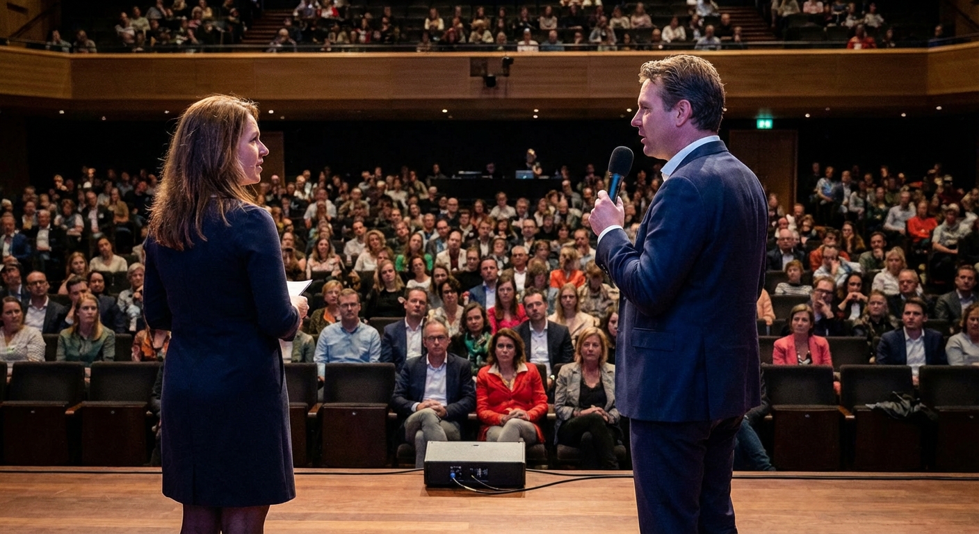 Twee mensen staan op een podium en praten tegen een collegezaal met honderden mensen