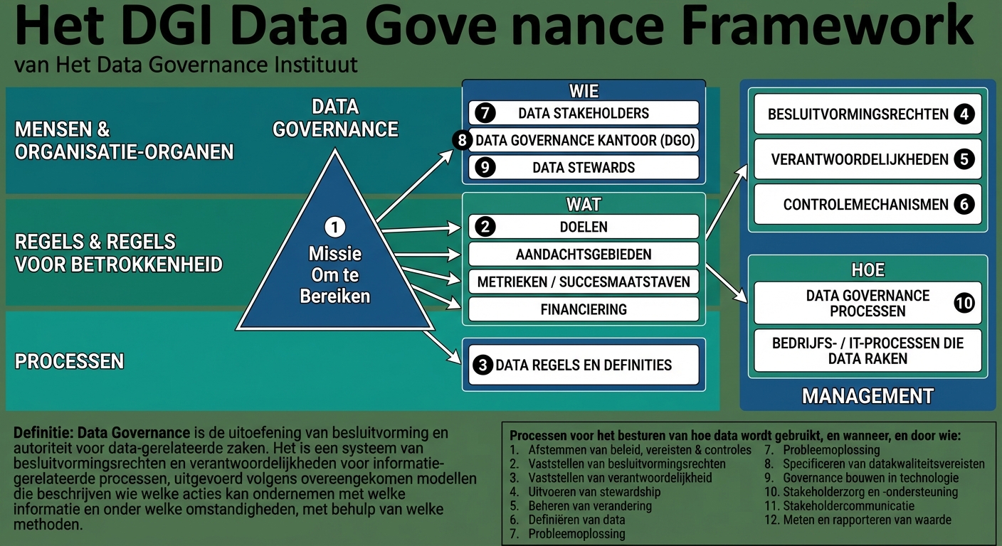 Afbeelding van het DGI-datagovernance-raamwerk met tien componenten in drie kerngebieden.