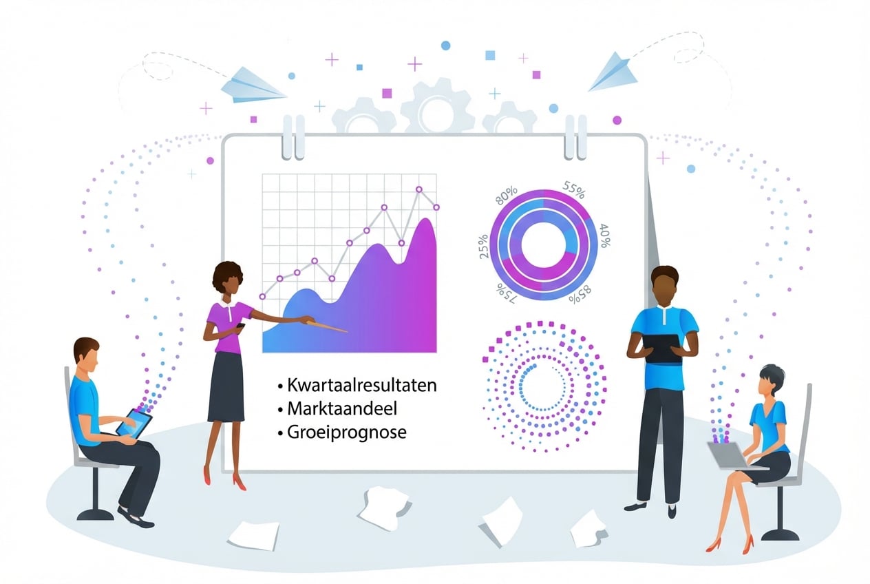 Een groep geïllustreerde mensen die samen naar grafieken kijkt