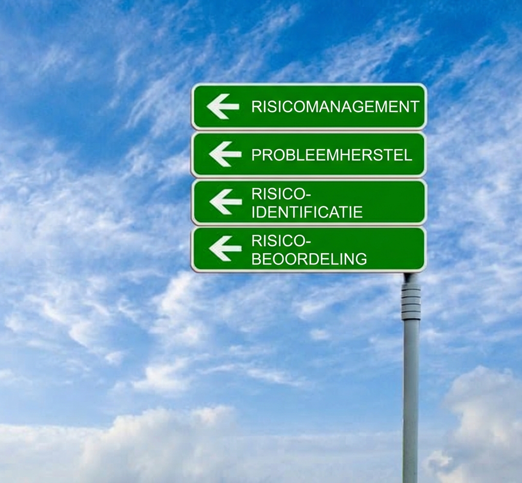 Vier straatborden met termen rond risicomanagement