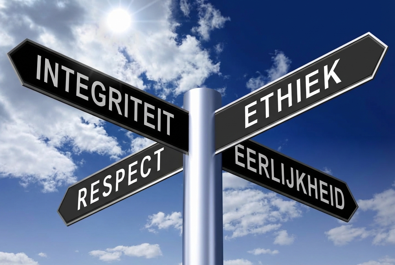 Een paal met vier straatborden: ethics, honesty, respect, integrity