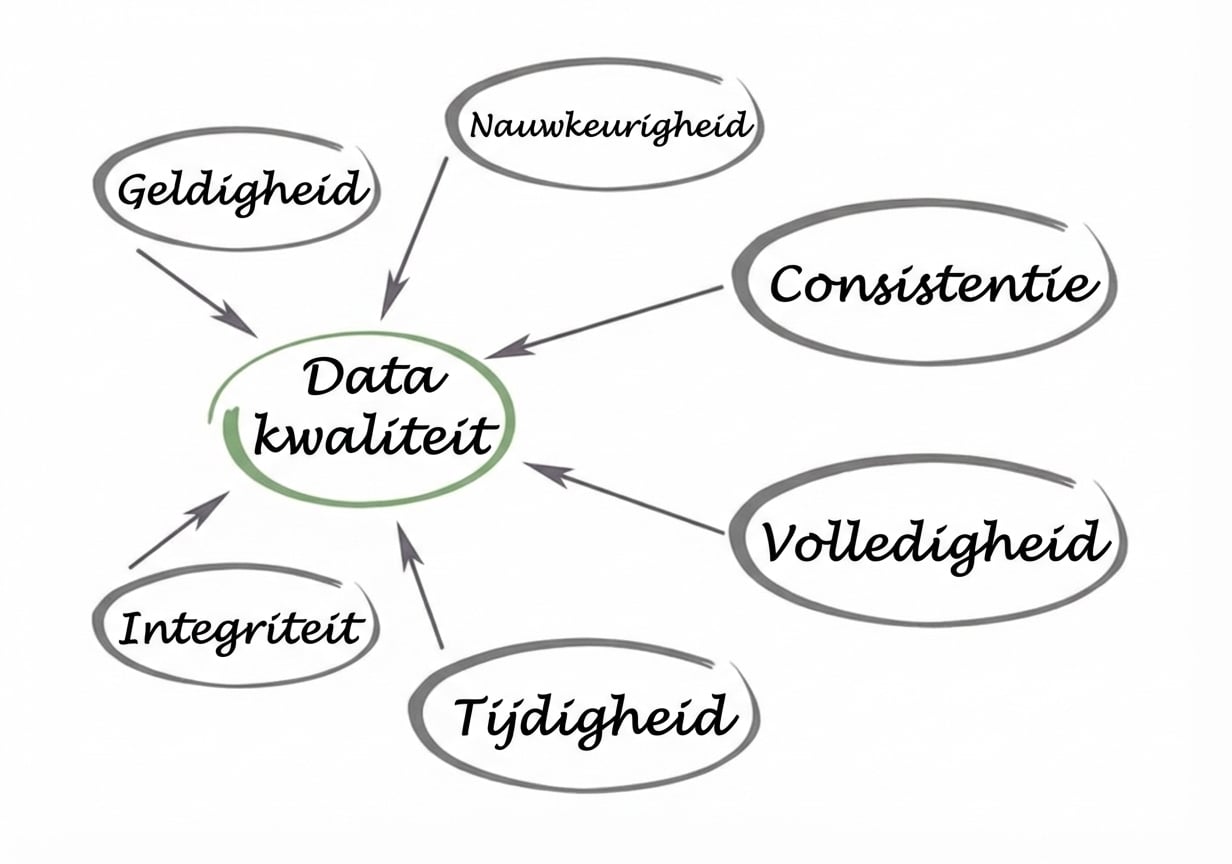 Een diagram met datakwaliteit in het midden en validiteit, nauwkeurigheid, consistentie, volledigheid, tijdigheid en integriteit die naar het midden wijzen