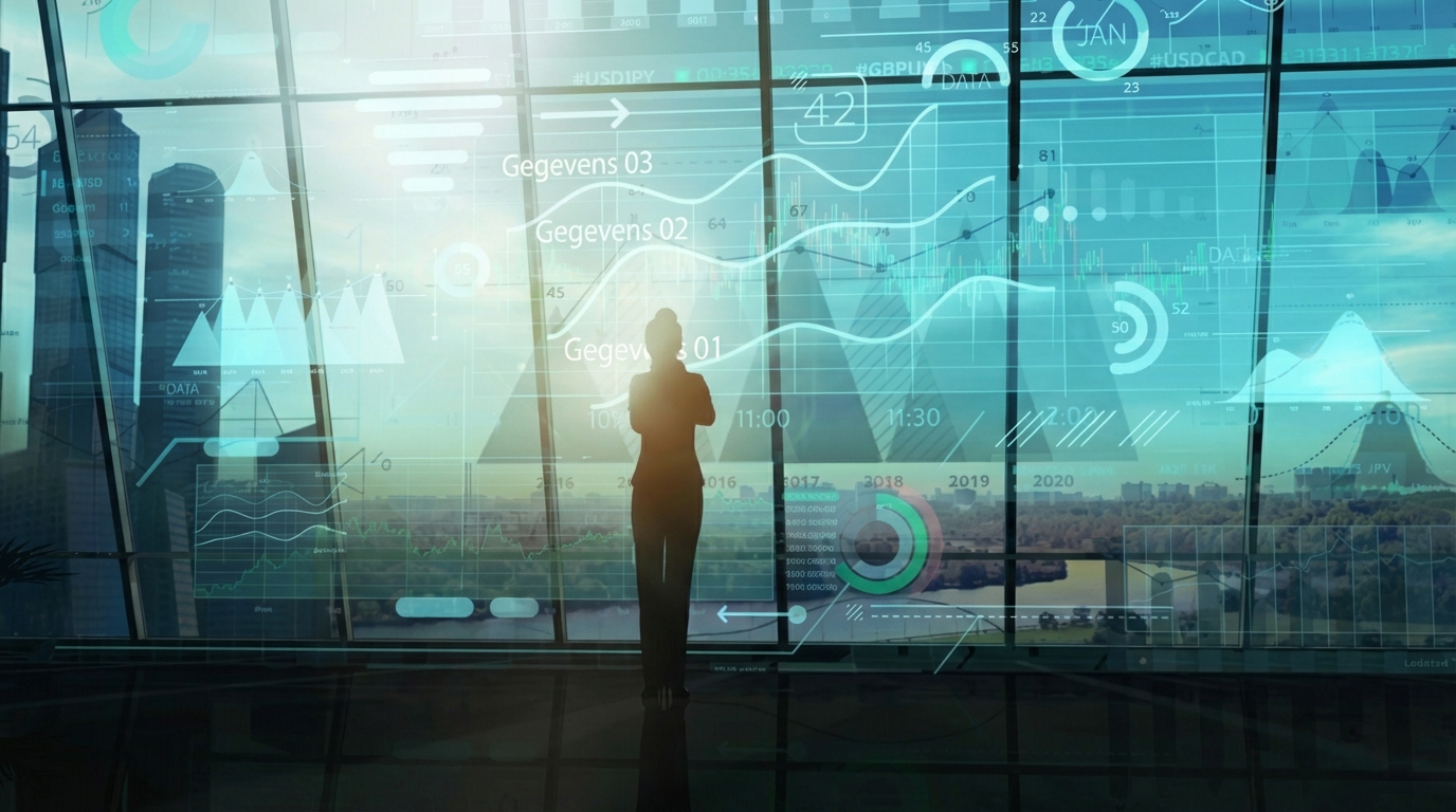 Zakenvrouw die naar een grote dataweergave kijkt