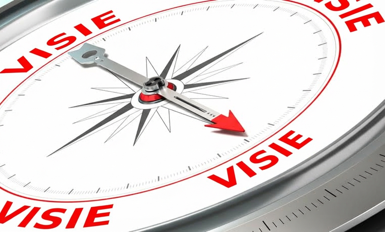 Foto van een kompas dat naar het woord vision wijst
