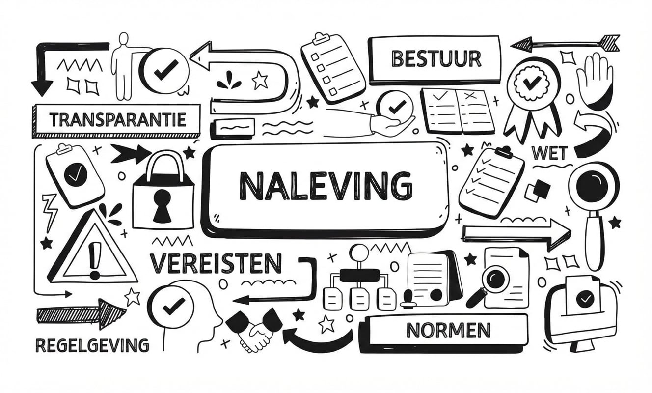 Een afbeelding met het woord ‘compliance’, omringd door objecten en woorden zoals governance, requirements en regulations