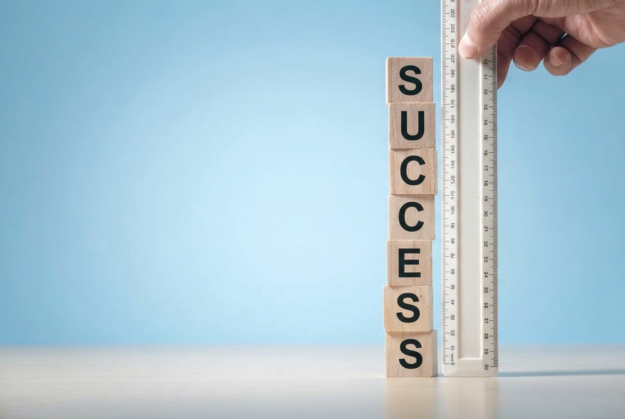 Een liniaal langs blokken met 'success' om voortgang te meten