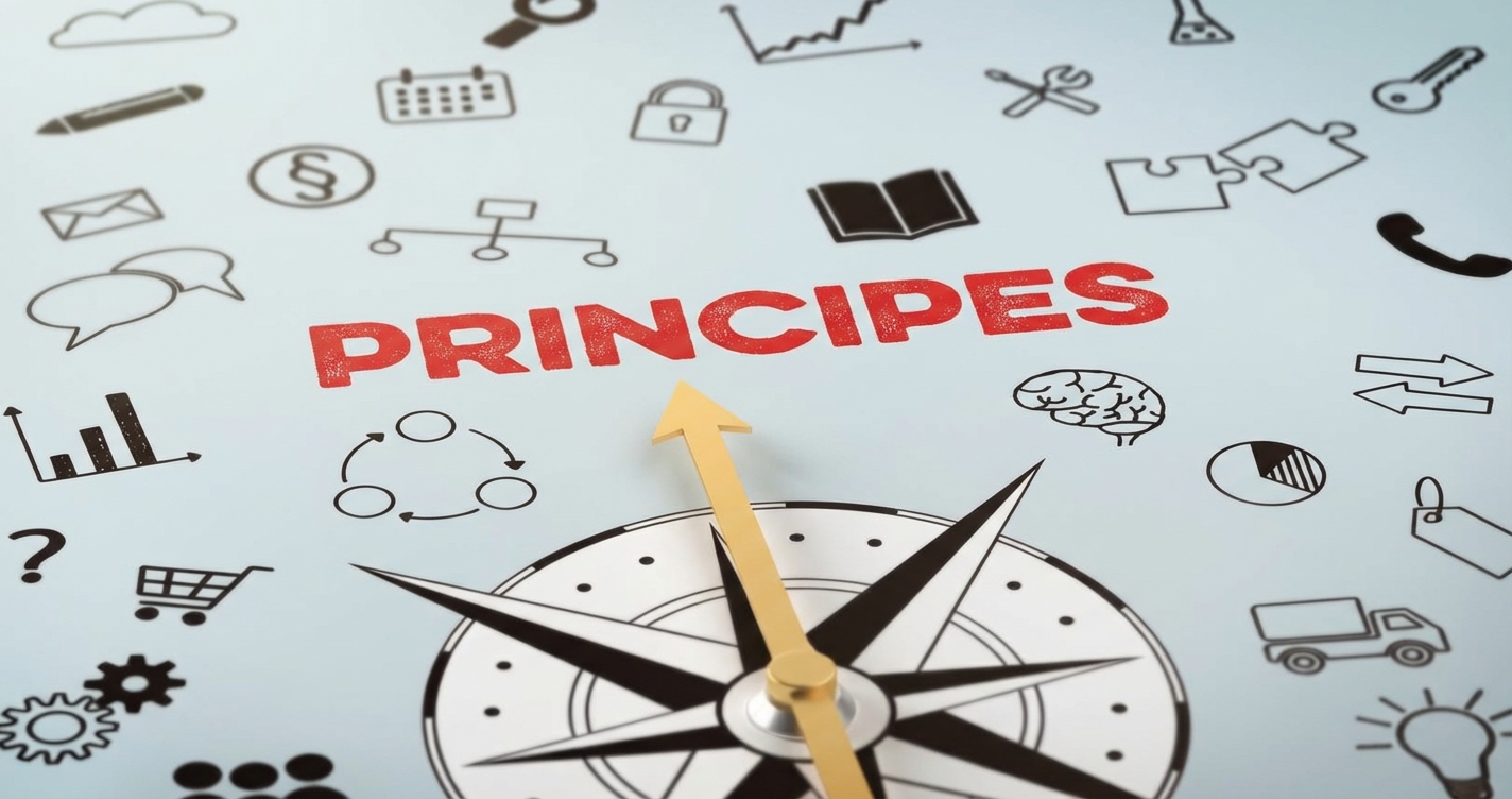 Foto van een kompas dat naar het woord principes wijst