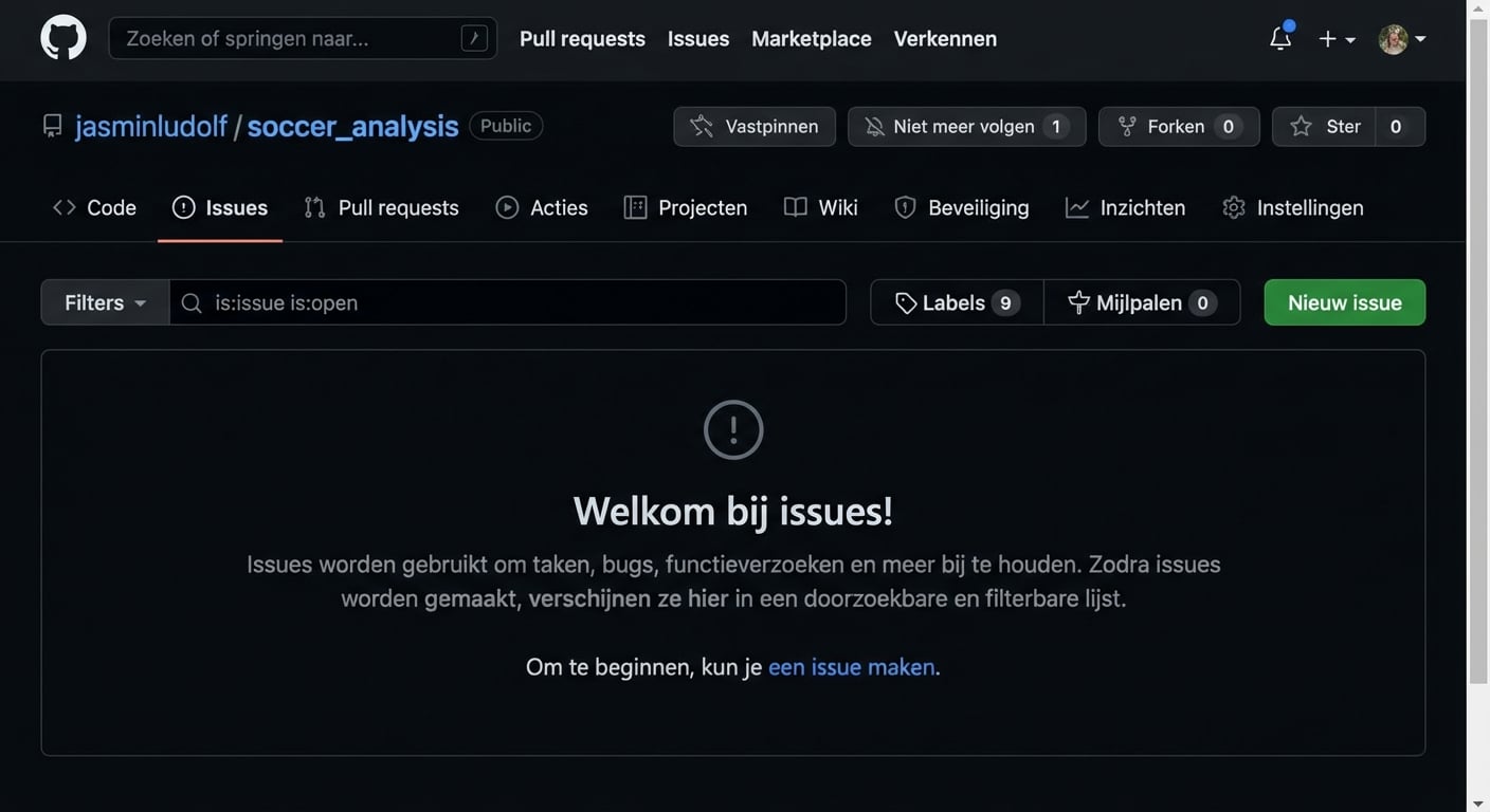 Weergave van de 'soccer analysis'-repo met het tabblad Issues gemarkeerd