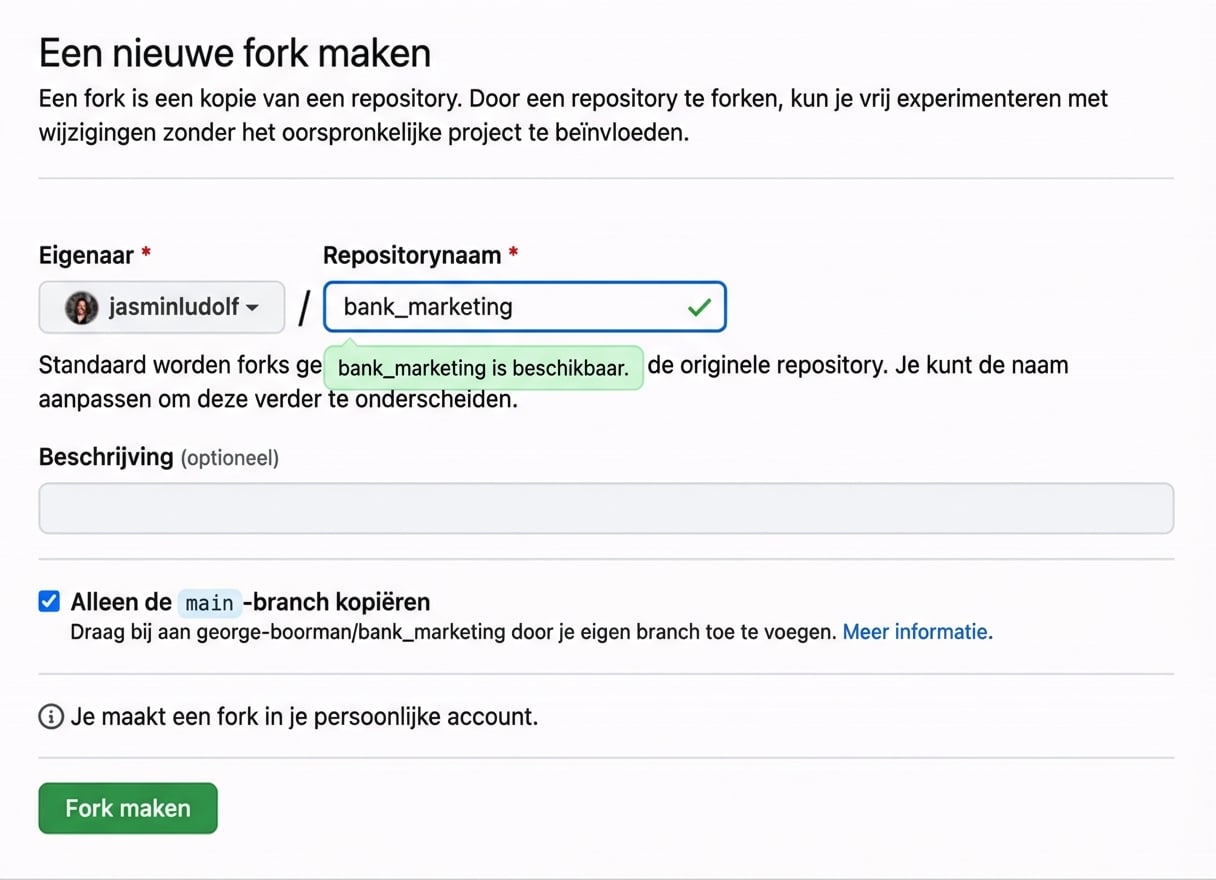 Animatie waarin de naam van de geforkte repo wordt gewijzigd van bank marketing naar bank marketing jasmin.