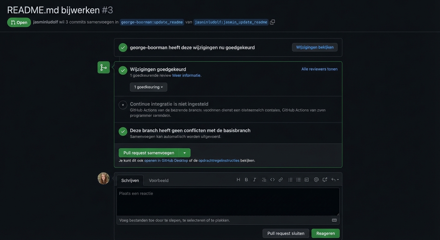 Eigenaarsweergave van een goedgekeurde PR met de knop Merge gemarkeerd
