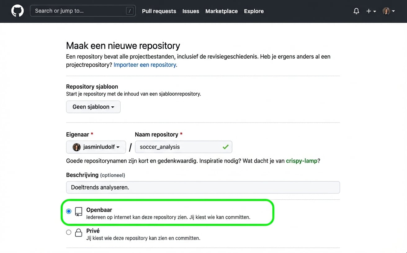 Weergave van de pagina voor een nieuwe repository op GitHub met de openbare optie gemarkeerd