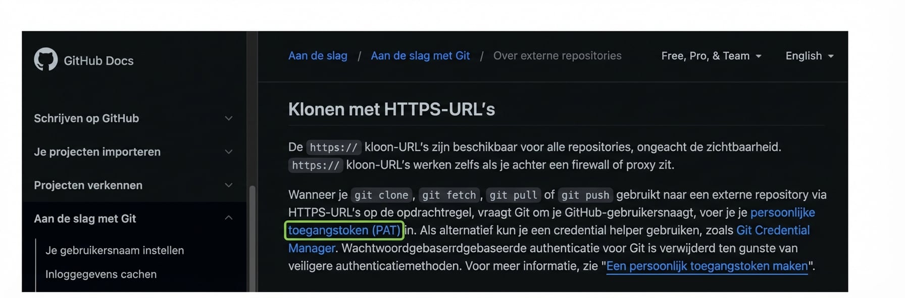 GitHub Docs-pagina met instructies om een personal access token (PAT) te gebruiken bij git clone, fetch, pull of push naar een externe repository.