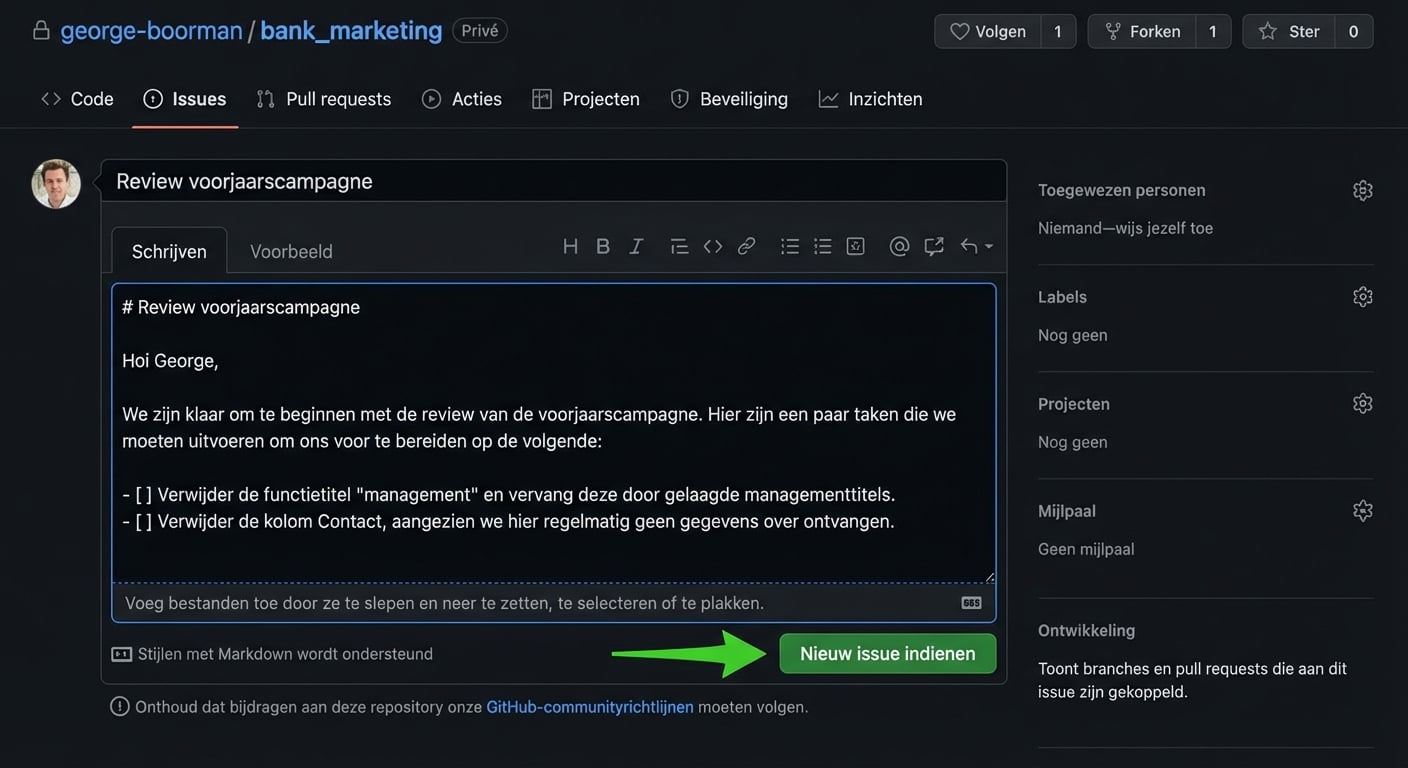 Weergave bij het maken van een nieuwe issue met titel en tekst ingevuld en de knop Submit new issue gemarkeerd