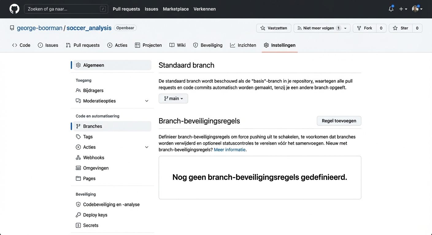 Branches in het tabblad Settings, met Default branch main en een sectie om Branch protection rules toe te voegen