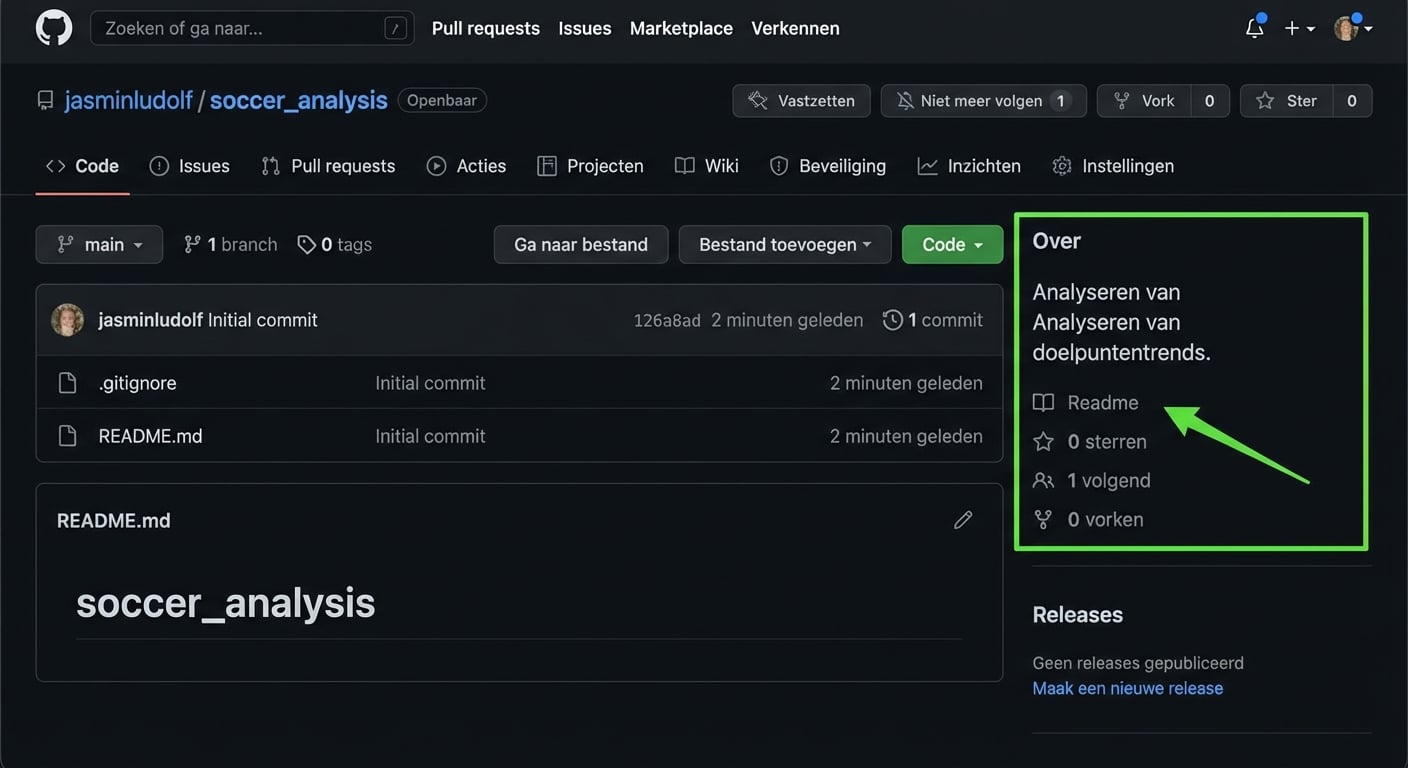 Weergave van de 'soccer analysis'-repo met de sectie Over gemarkeerd
