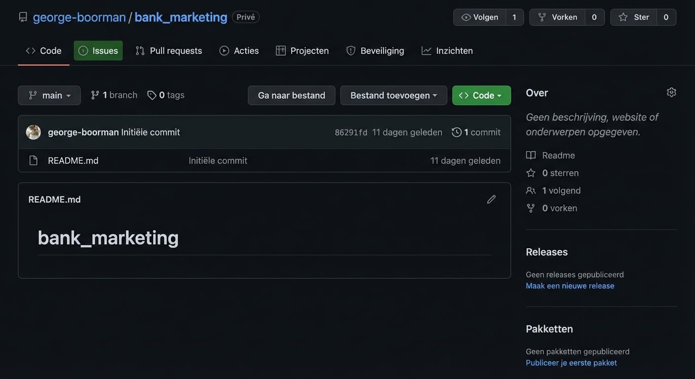 Screenshot van de hoofdpagina van de privérepo voor bank marketing, van George Boorman, met het tabblad Issues gemarkeerd
