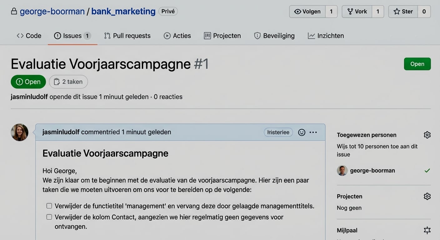 Weergave van voltooide issue met de toewijsoptie open