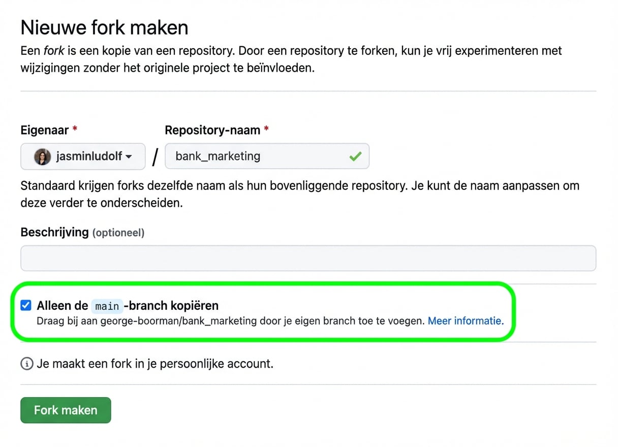 Weergave van de pagina Create new fork met de sectie Branch gemarkeerd