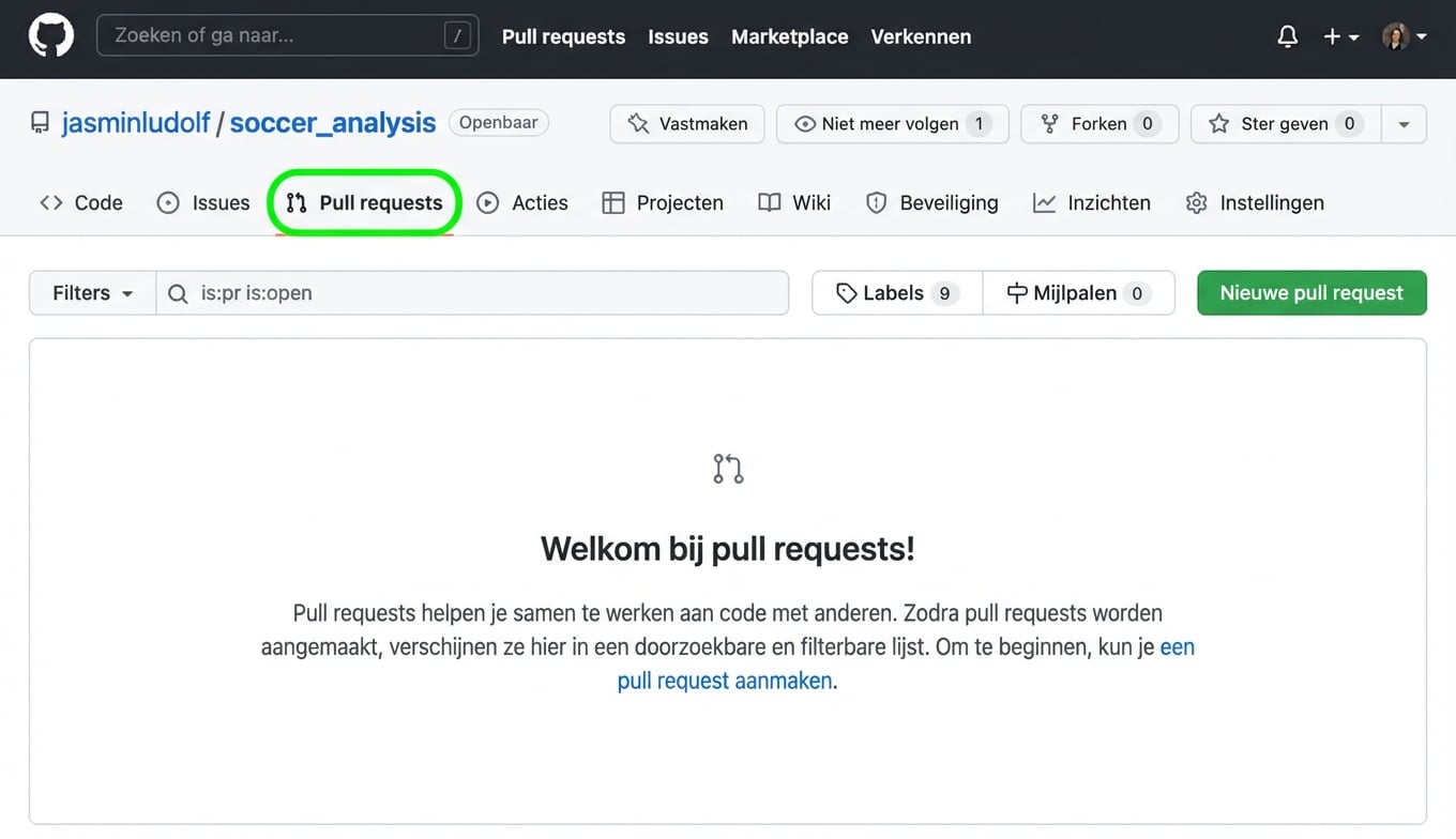 Weergave van de 'soccer analysis'-repo met het tabblad Pull Requests gemarkeerd