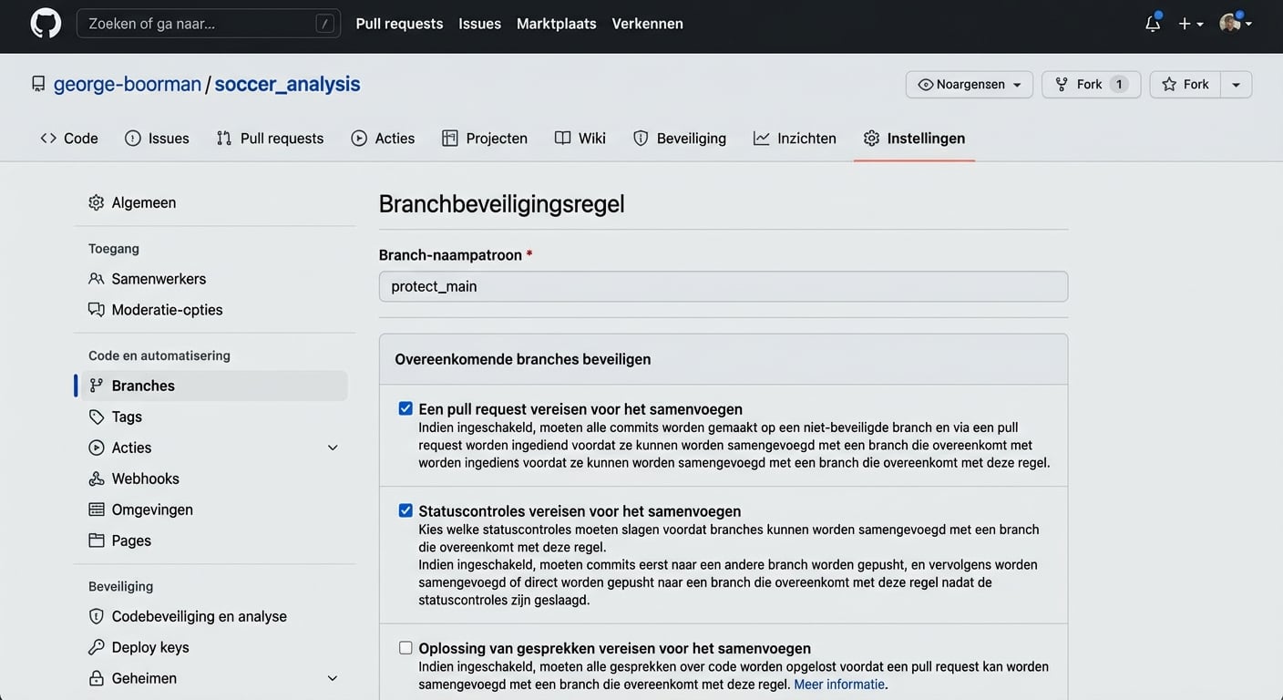 Klikken op Require a pull request before merging