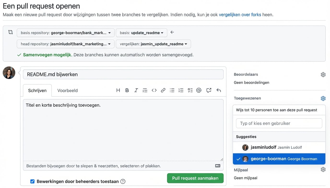Weergave om een pull request toe te wijzen
