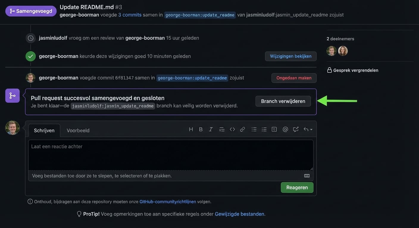 Eigenaarsweergave van een gemergde PR met de knop Delete branch gemarkeerd