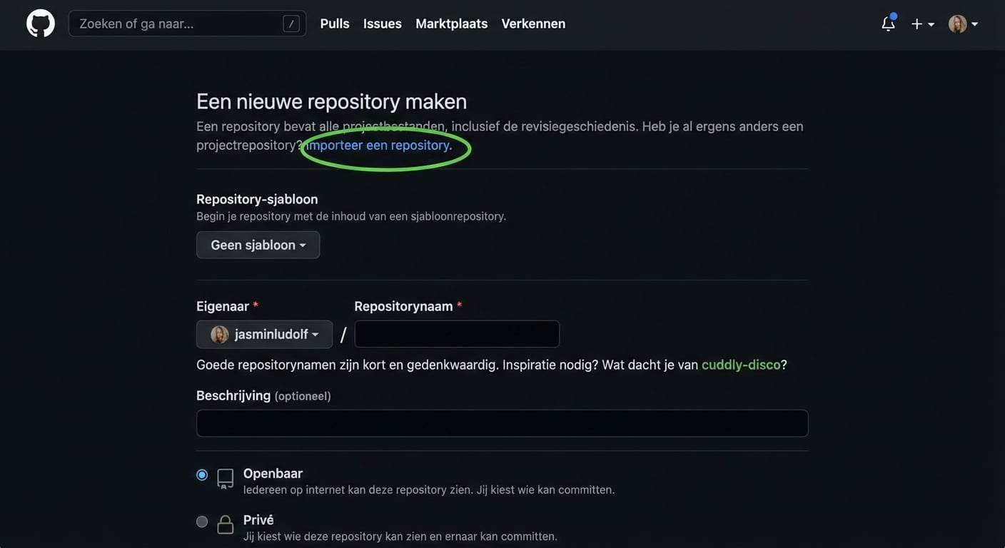 Weergave van de pagina voor een nieuwe repository op GitHub met de importoptie gemarkeerd