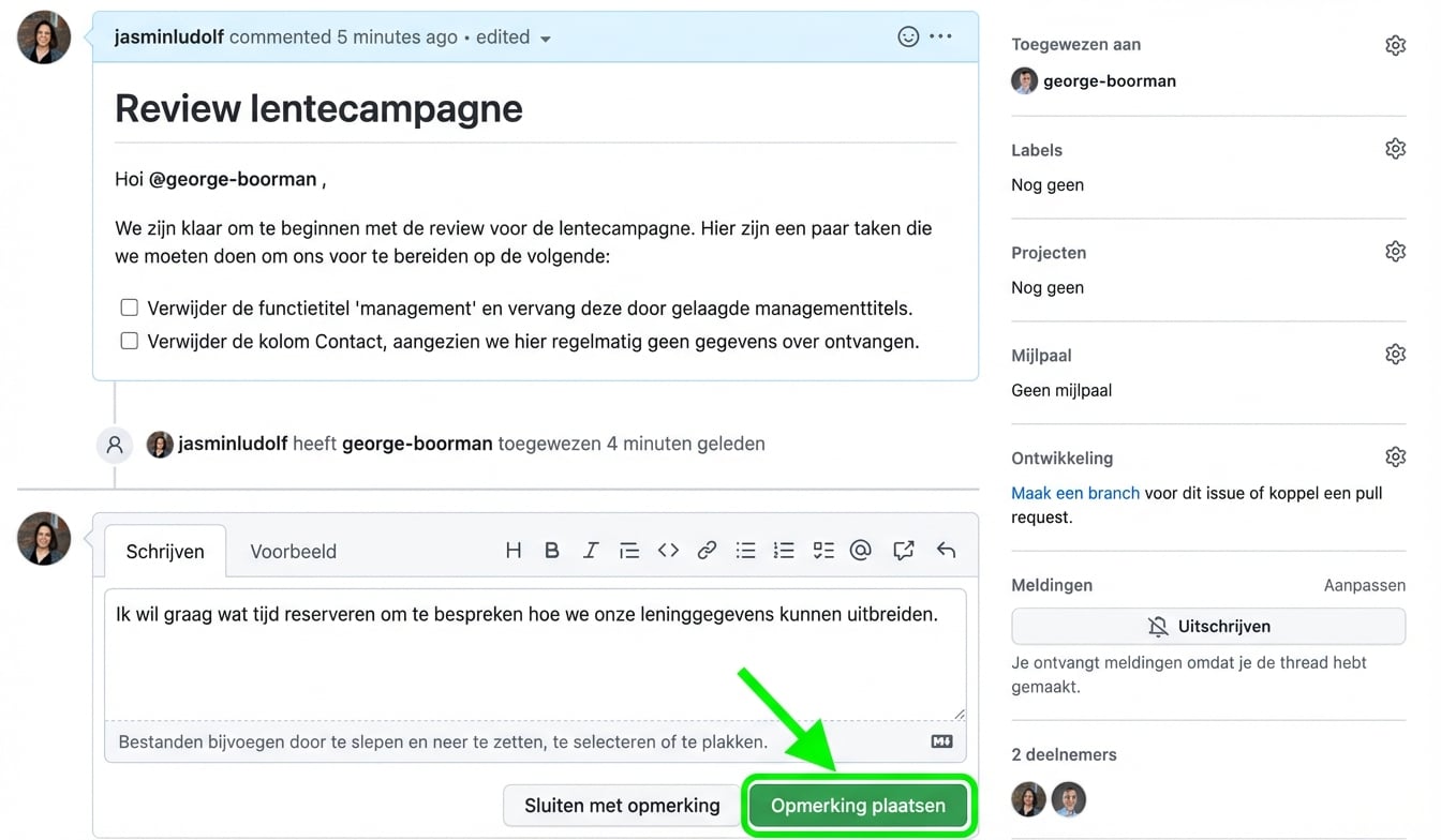 Weergave van een reactie toevoegen aan een bestaande issue