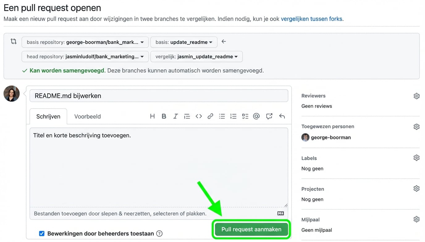 Weergave om een pull request te openen met de knop Create pull request gemarkeerd