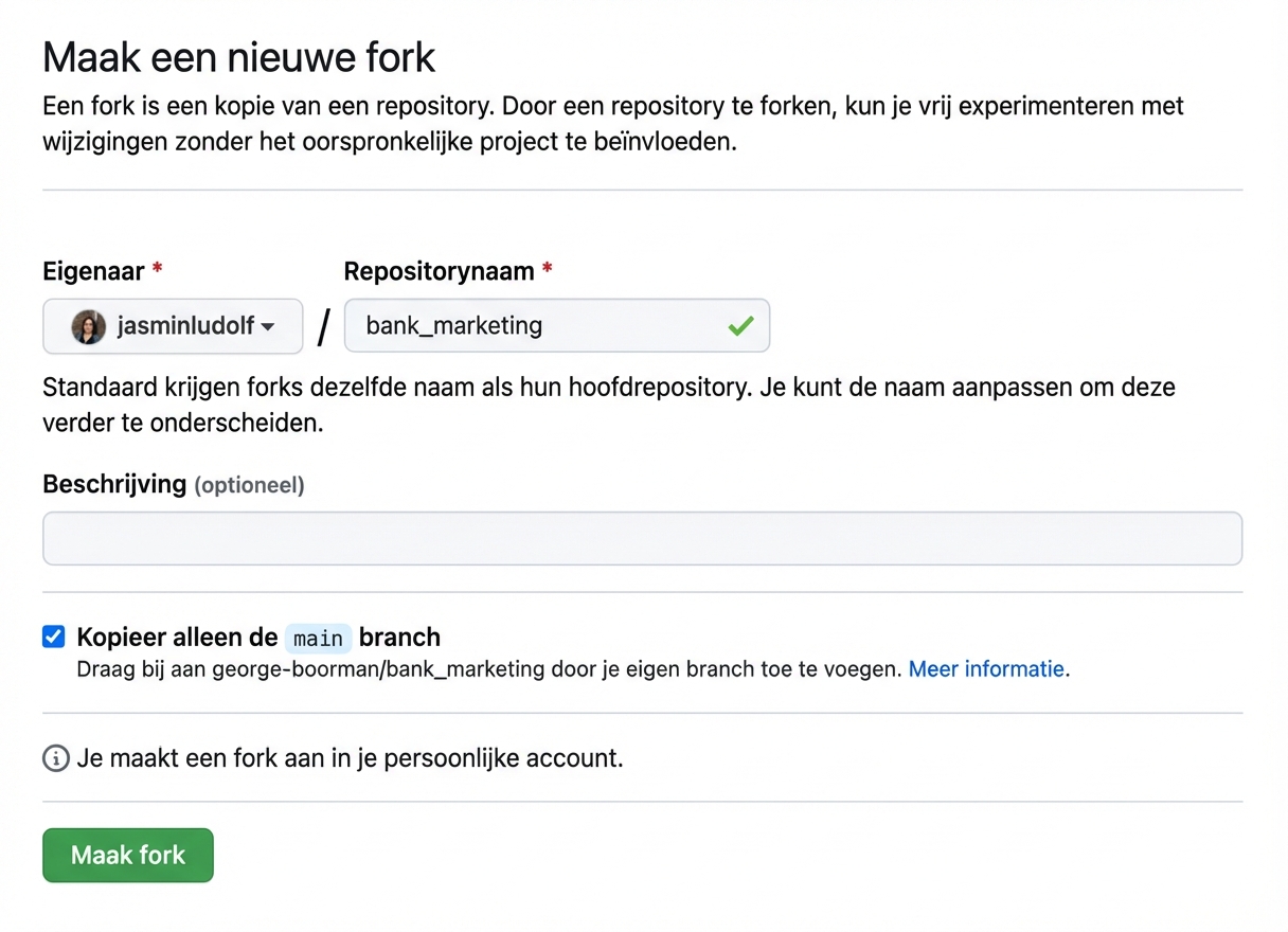 Weergave van de pagina Create new fork