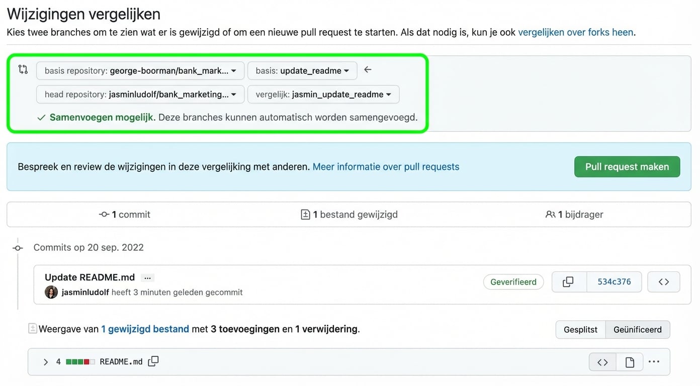 Weergave die wijzigingen vergelijkt met de basis- en vergelijkingsbranch gemarkeerd