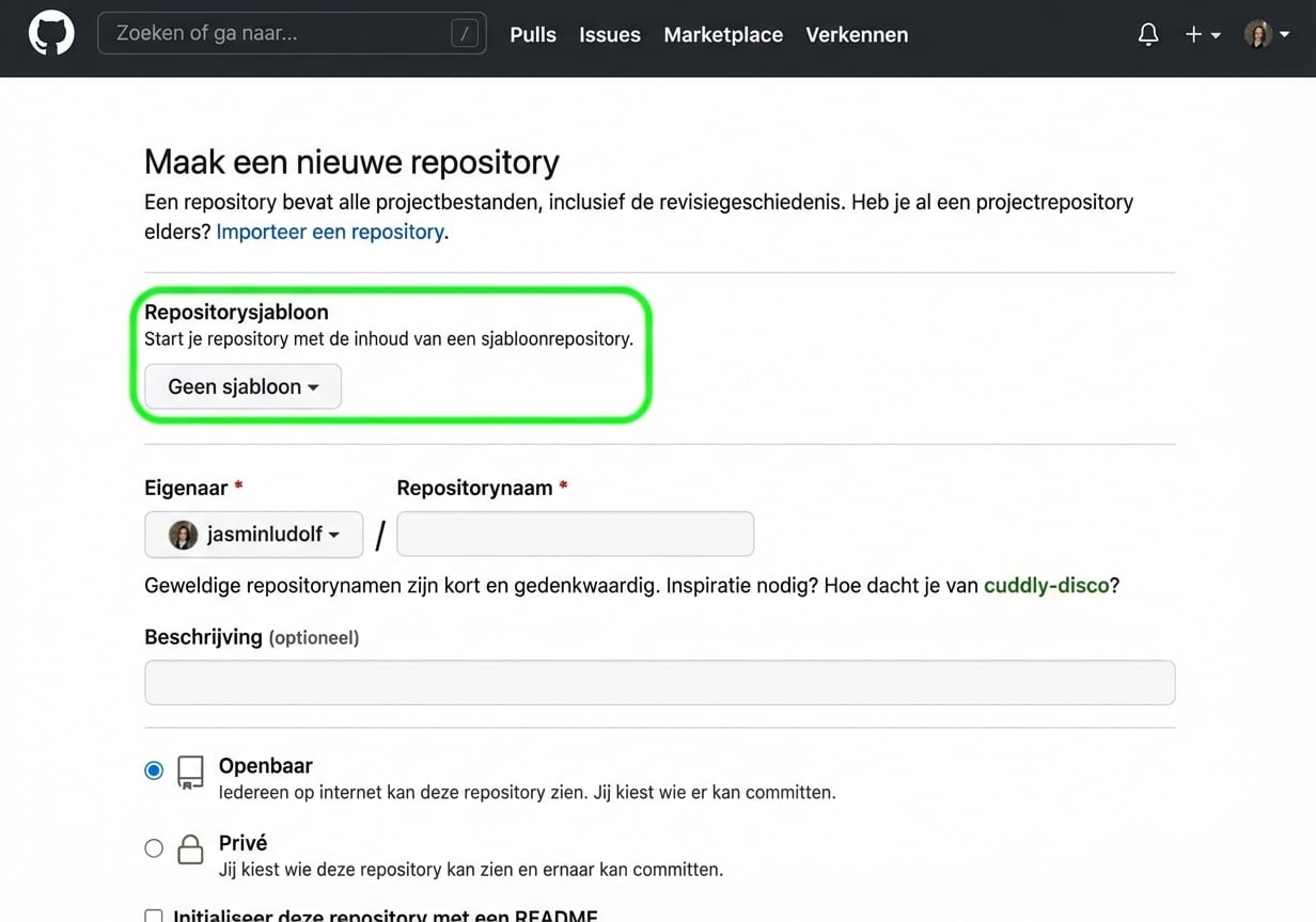 Weergave van de pagina voor een nieuwe repository op GitHub met de sjabloonoptie gemarkeerd
