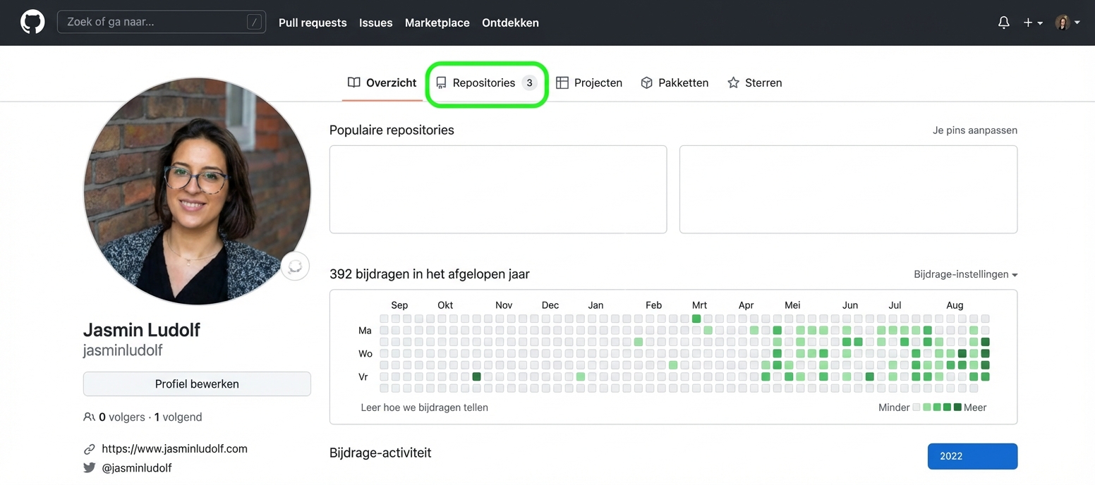 Screenshot van een GitHub-profiel met een groene cirkel rond het tabblad Repositories