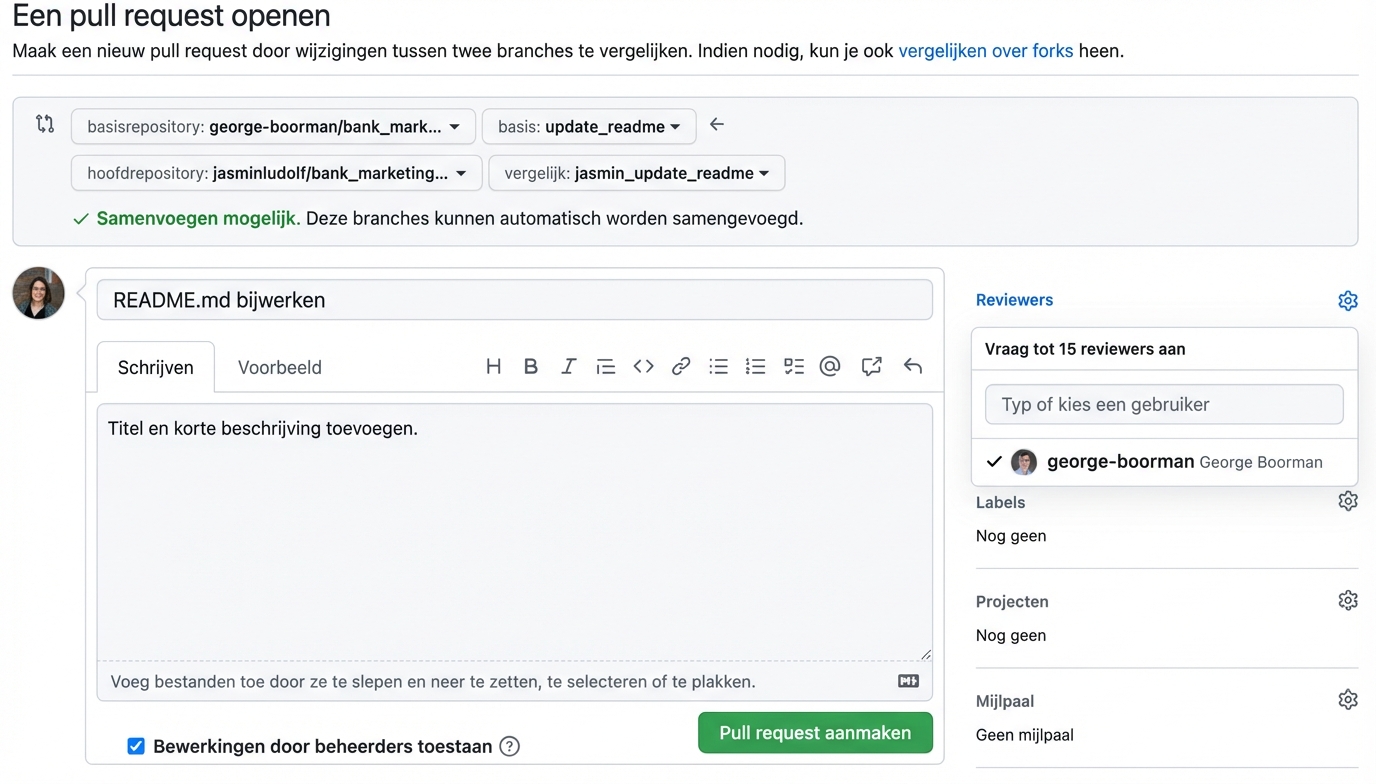 Weergave van pull request met het gedeelte Reviewer zichtbaar