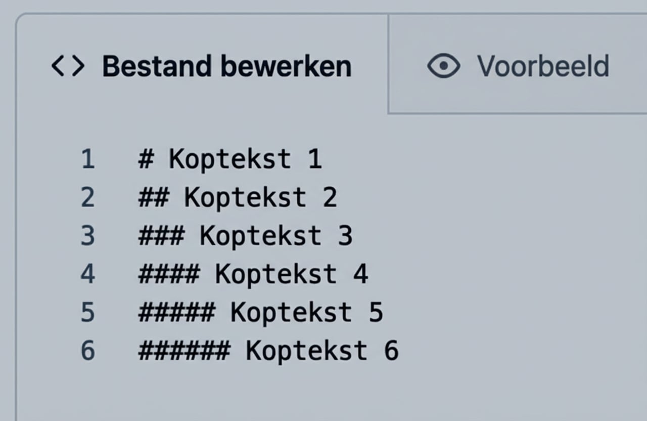 Weergave van een markdown-bewerkpagina met syntaxis voor alle zes koptypen