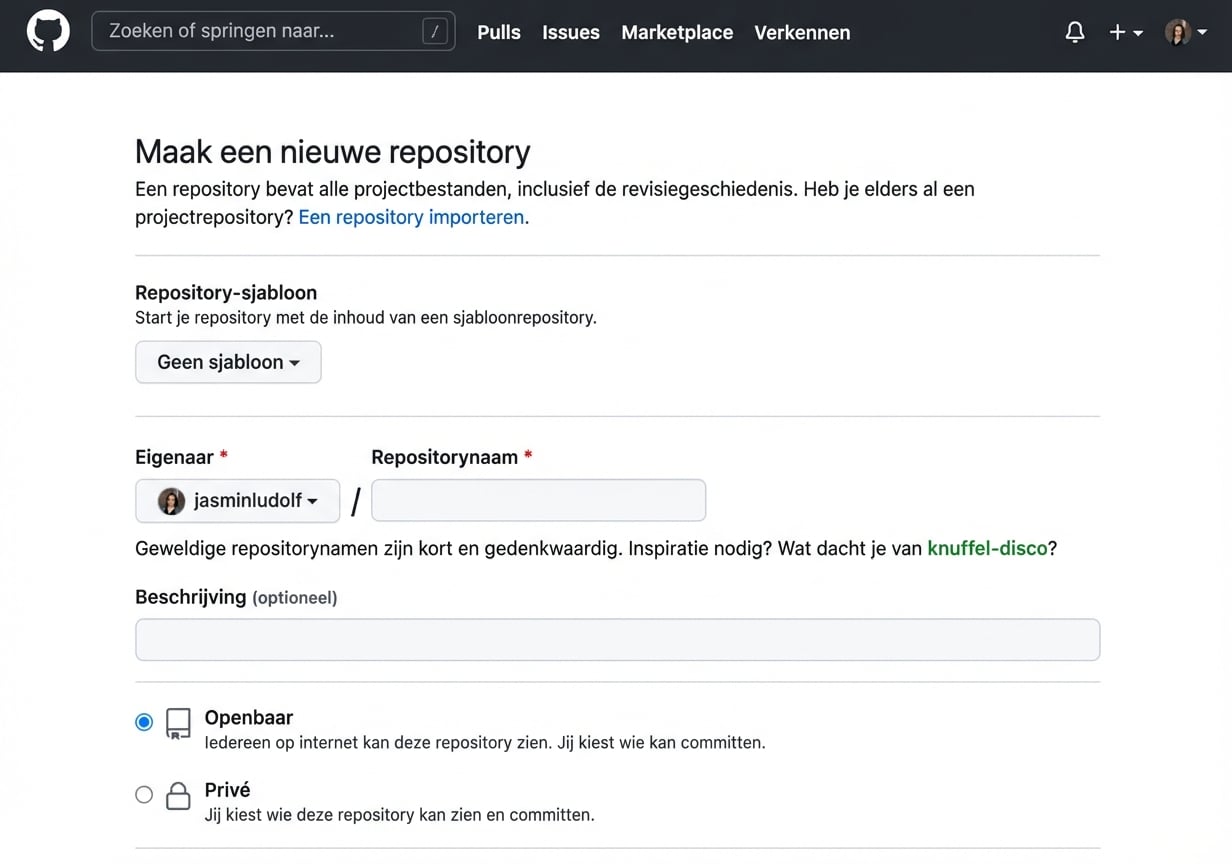 Weergave van de pagina voor een nieuwe repository op GitHub