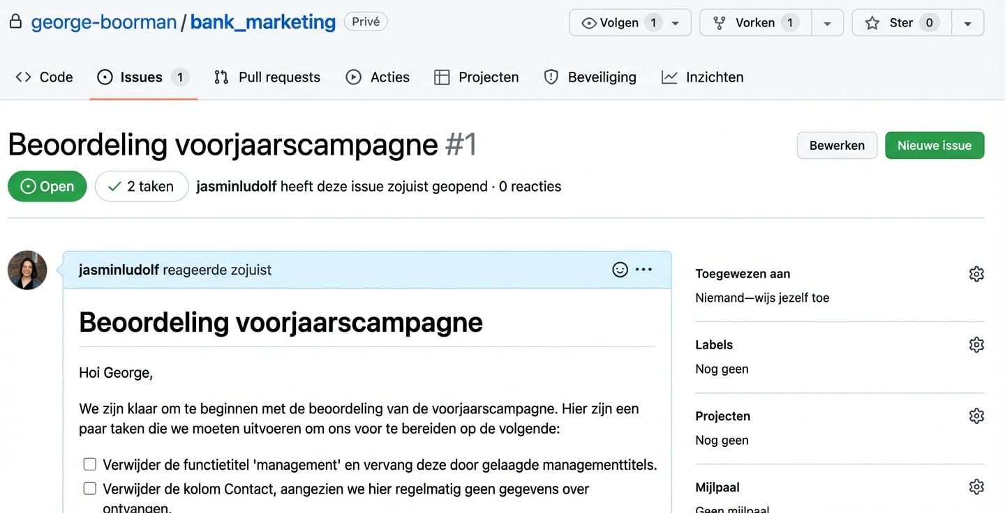 Weergave van een ingediende issue zonder toewijzingen