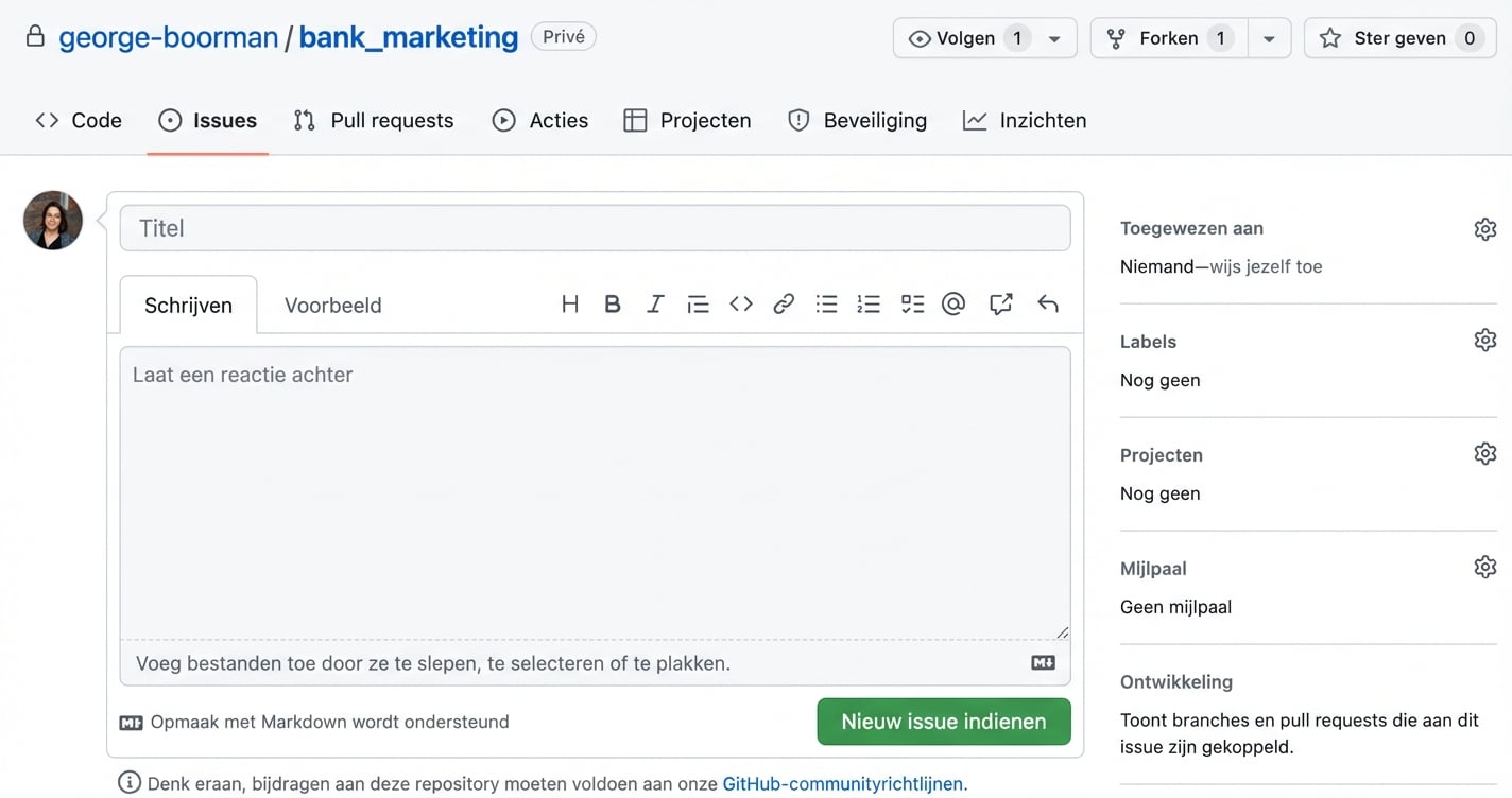 Weergave bij het maken van een nieuwe issue