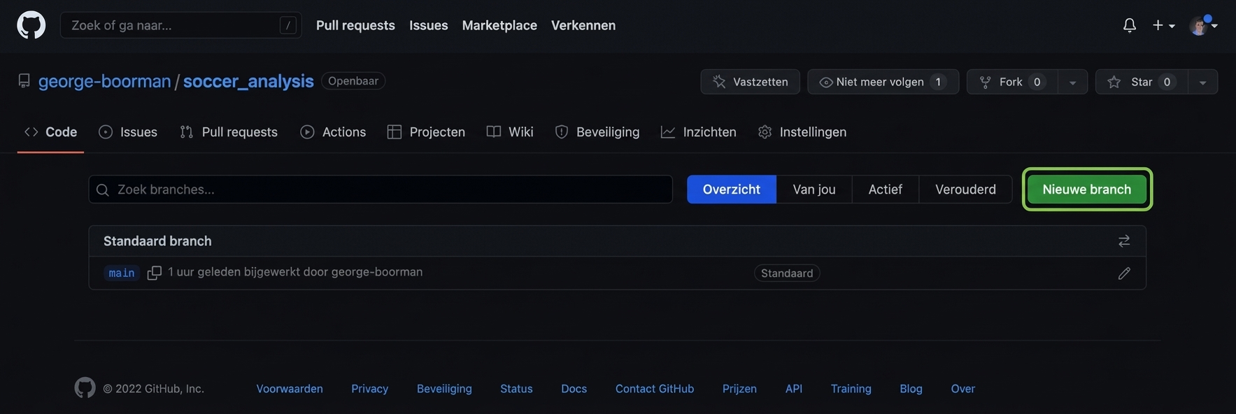 lijst met branches, alleen main. Knop New branch rechts in groen
