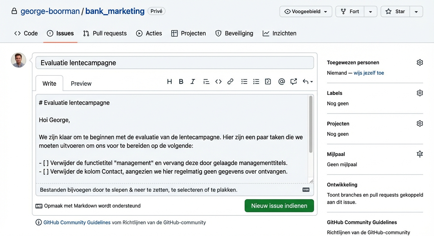 Weergave bij het maken van een nieuwe issue met titel en tekst ingevuld