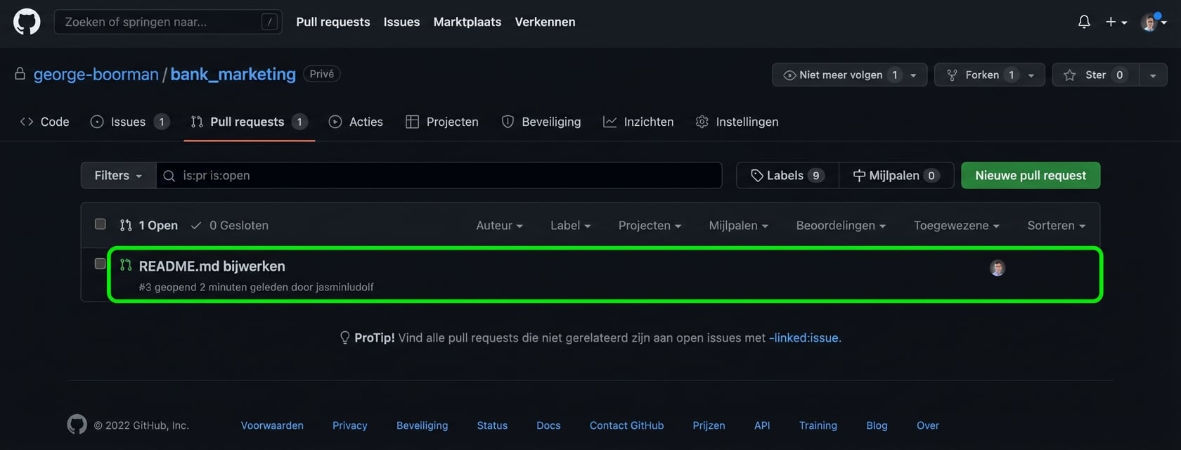 Eigenaarsweergave van het PR-tabblad met de PR die we aanklikken gemarkeerd