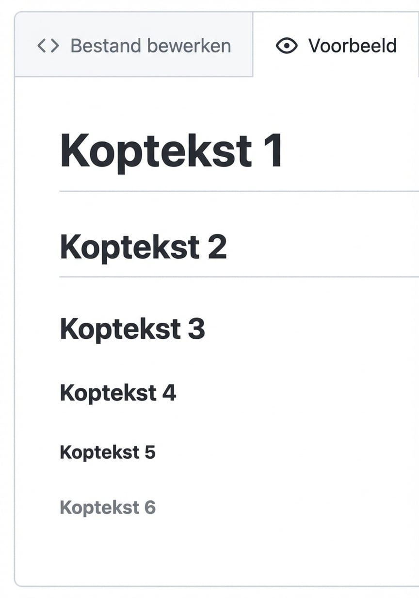 Weergave van een markdown-voorbeeldpagina met alle zes koptypen