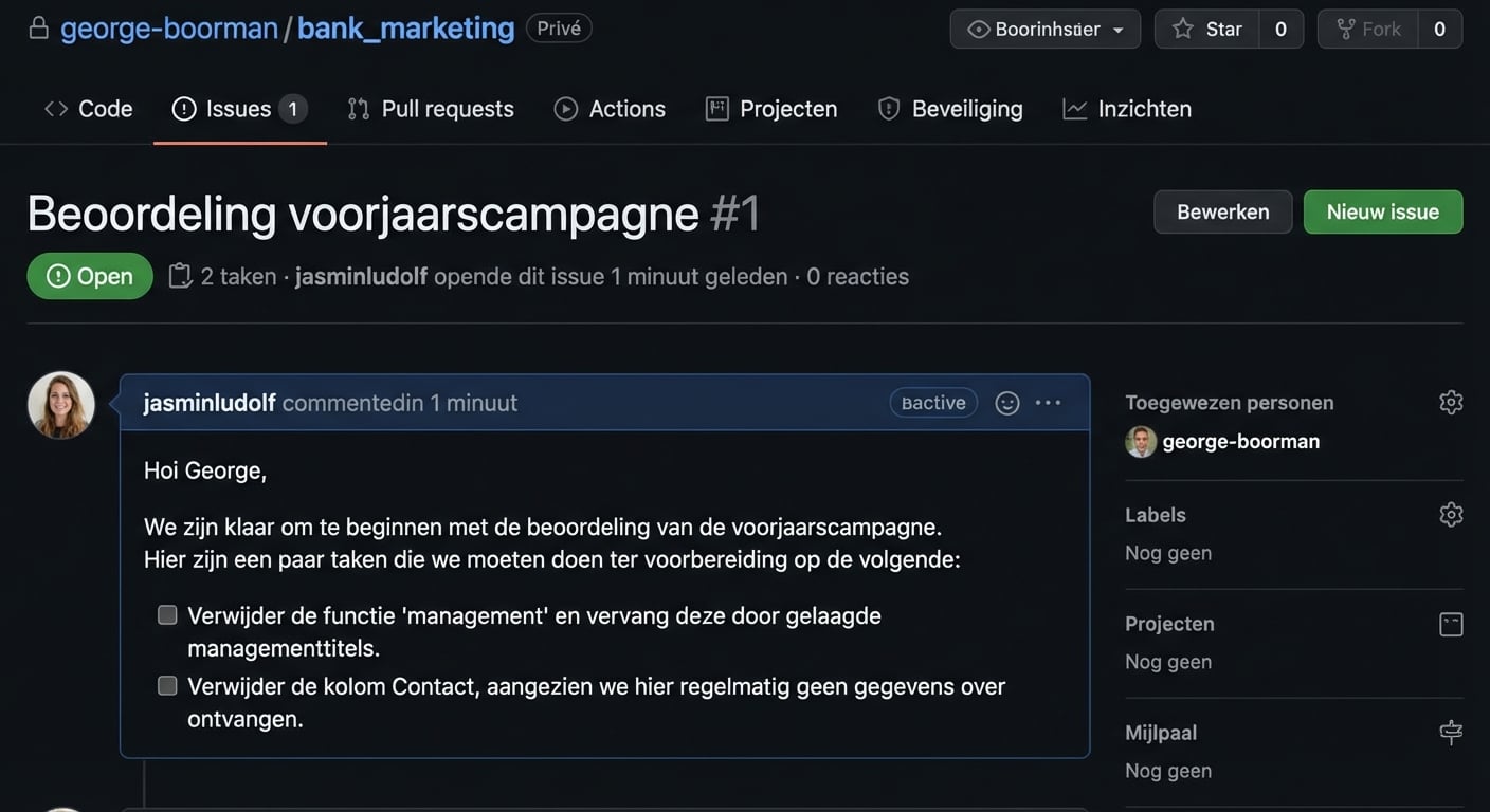 Animatie van een gebruiker taggen in een issue met het apenstaartje en gebruikersnaam.