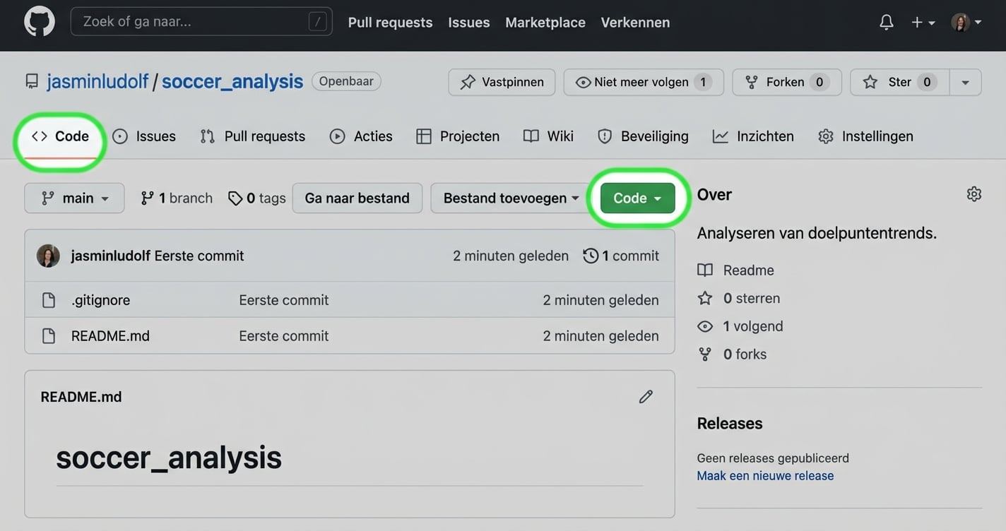 Weergave van de 'soccer analysis'-repo met het tabblad Code gemarkeerd