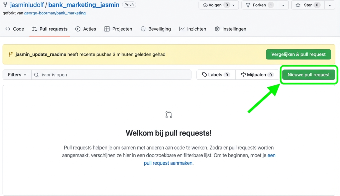 Weergave van het tabblad Pull requests in de geforkte repo met de knop New pull request gemarkeerd