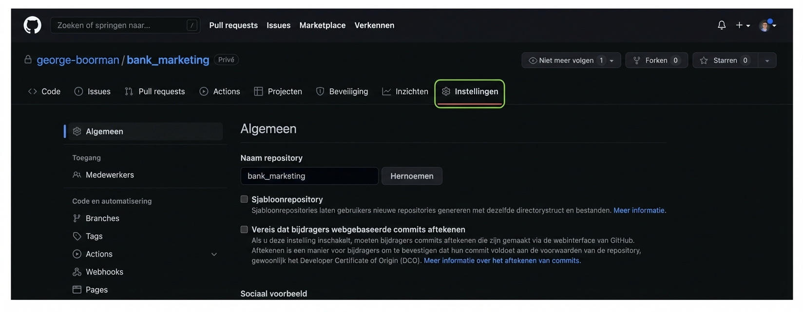 Tab Instellingen met Samenwerkers in de sectie Toegang