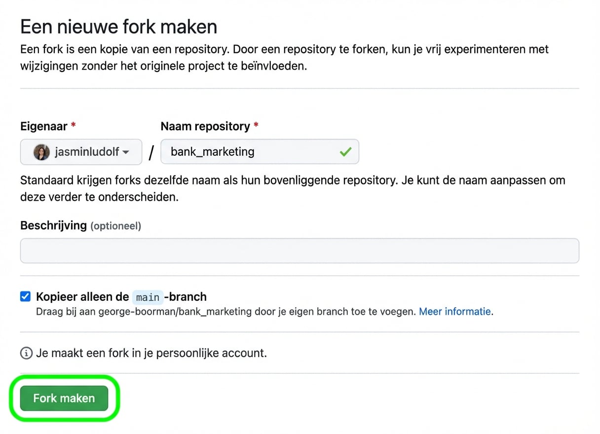 Weergave van de pagina Create new fork met de knop Create fork gemarkeerd