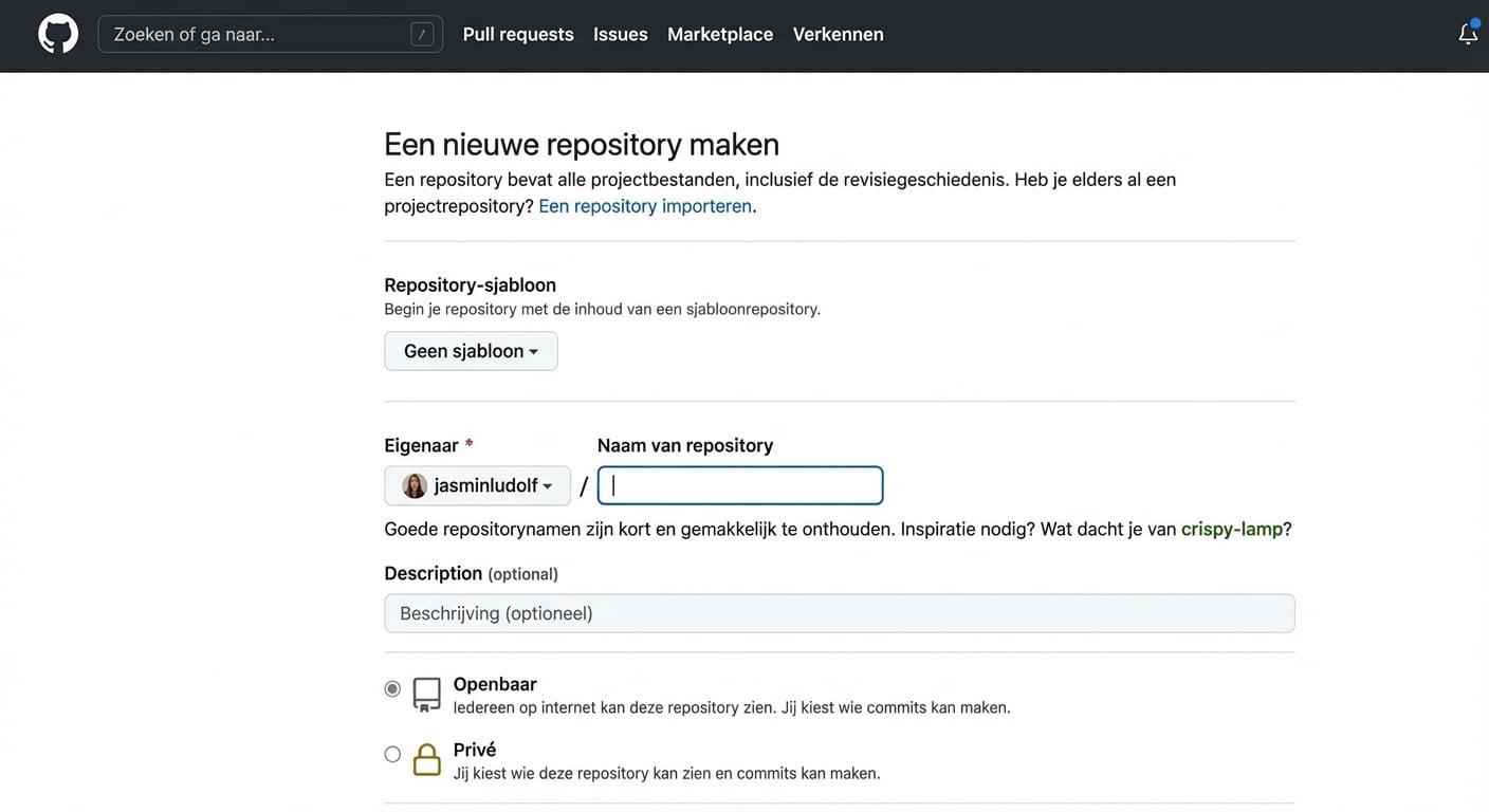 Animatie van de pagina voor een nieuwe repository waarbij naam en beschrijving worden ingevuld