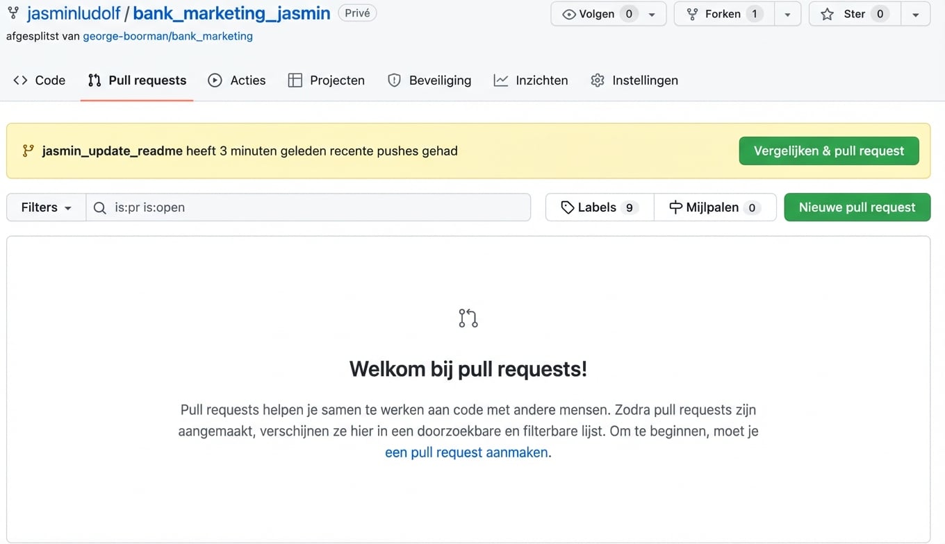 Weergave van het tabblad Pull requests in de geforkte repo